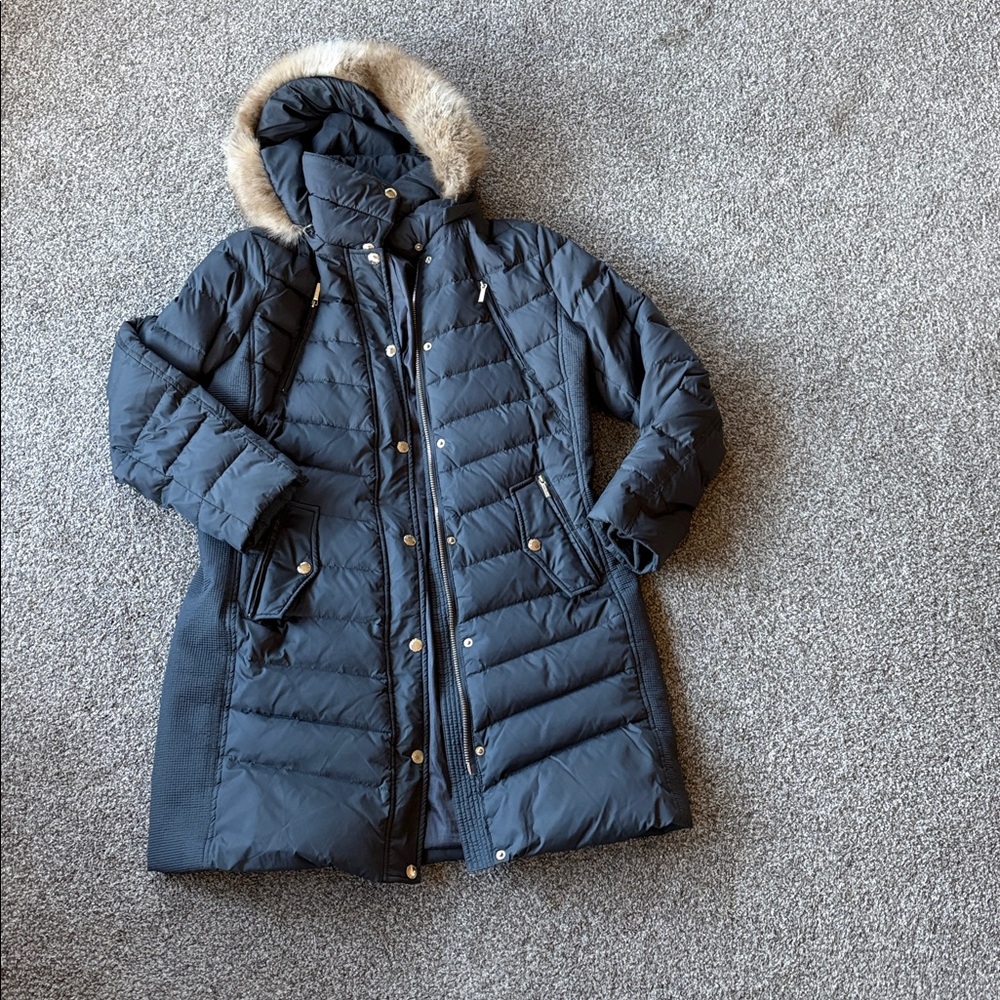 Michael Kors Black Long Puffer Coat Faux Fur Trimmed Hood Sz L